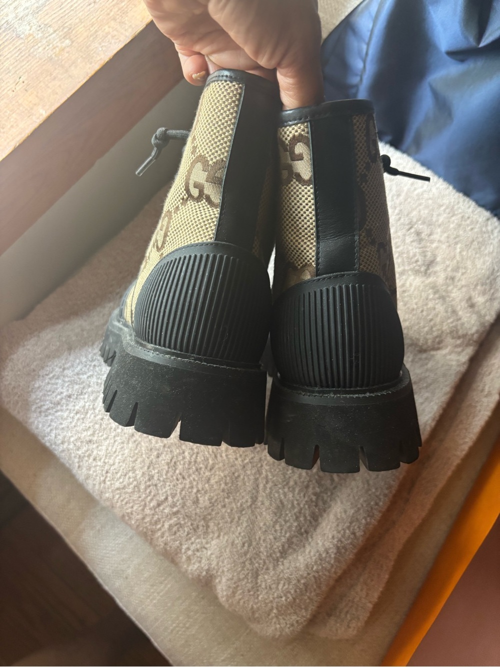 Gucci Brown GG Canvas and Black Rubber Lug Sole Boots - Picture 4 of 6
